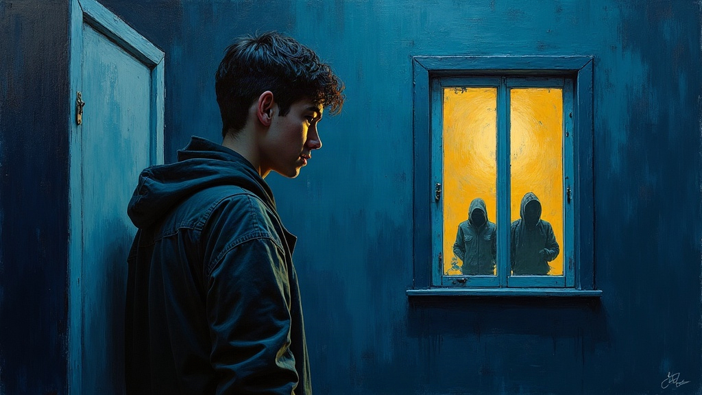 A young man hiding in a duplex apartment, surrounded by darkness, phone ringing with unknown numbers, shadows of people in hoodies visible through windows, living in fear after threats on his life