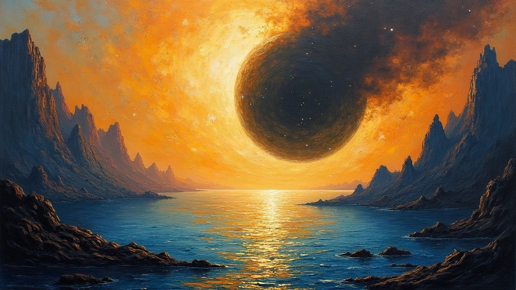 A massive dark silhouette, bigger than the earth itself, approaching through a space-like realm with stars and a distant lake of fire glowing in the background, while below an earth-like pool reflects visions like a crystal ball.