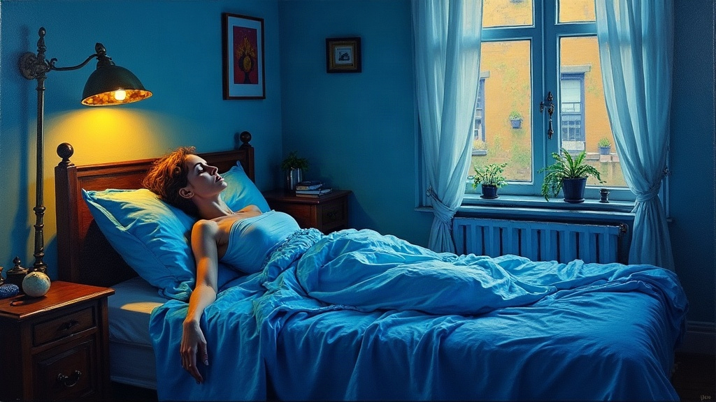 A young woman lying in a small studio apartment bed in New York, her spirit suddenly hyper-alert and separating from her physical body as she enters a vision more vivid than waking life.