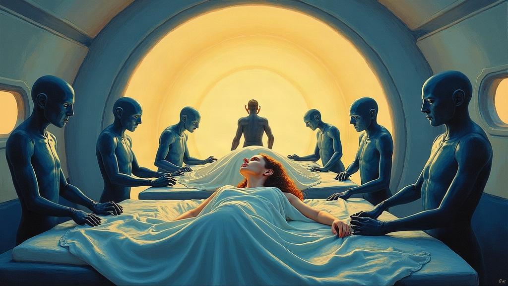 Inside a medium-sized rounded ship, a young woman lies on a table surrounded by six or seven tall, gray biological beings working on her body with focused precision, while three other humans lie on similar tables nearby, all bathed in soft blue-white light