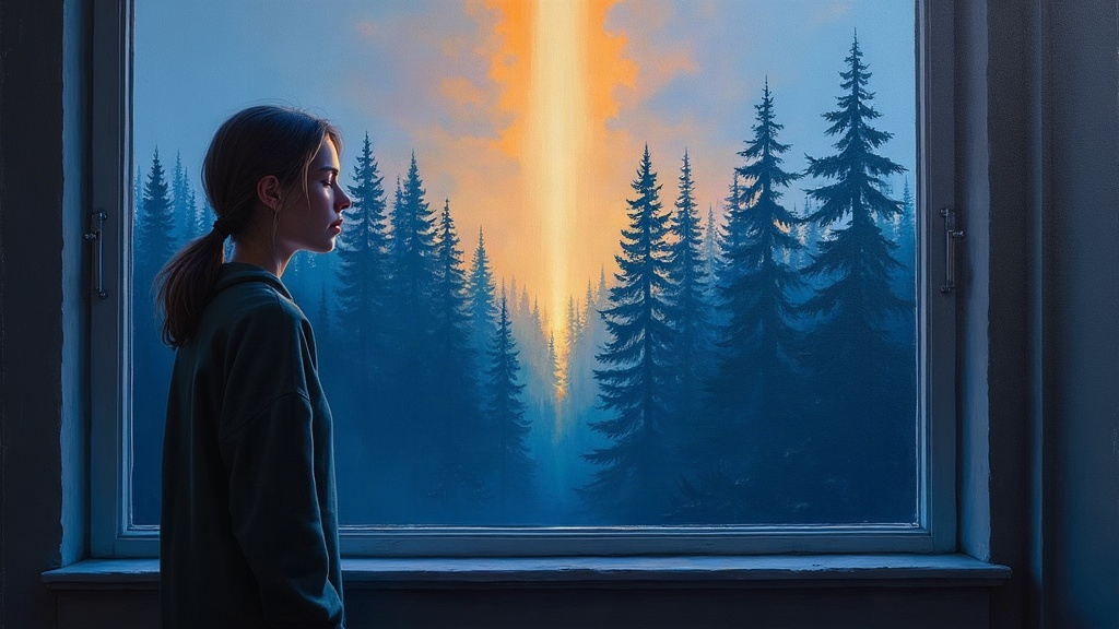 A young woman standing at a large window on the first floor of an apartment building at dusk, gazing out at a National Forest with tears on her face, as a beam of half-lilac, half-white light descends from the sky toward her