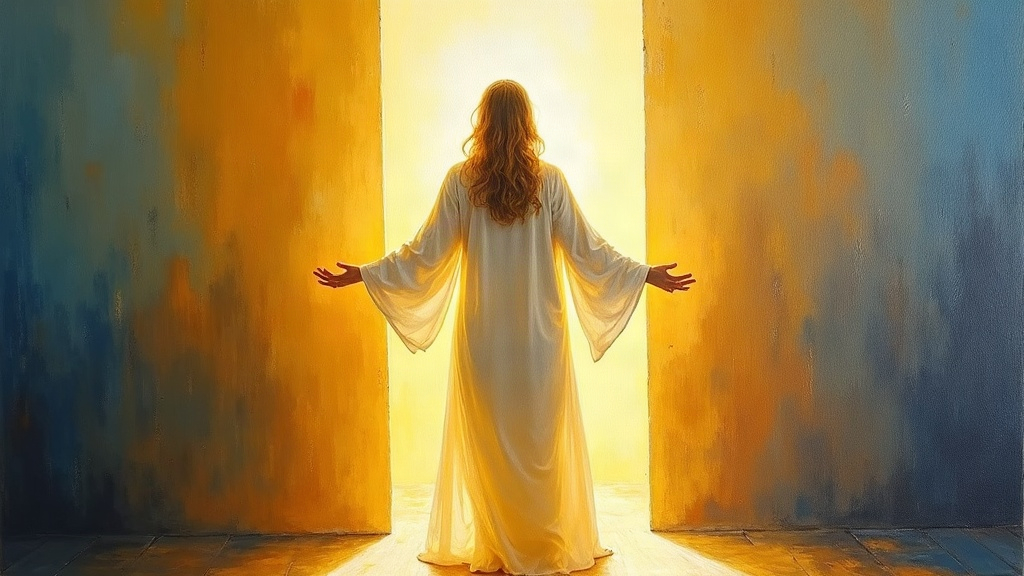 A being made entirely of golden-white light, wearing flowing robes like a tunic, gently lifting a woman upward from her body, both figures becoming translucent and merging with a portal of radiant light opening between the hospital room wall and ceiling, the light palpable like fabric, everything bathed in warm unconditional love