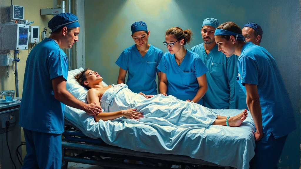 A woman lying on a hospital stretcher, body shaking violently, surrounded by medical team in scrubs, nurses leaning on her legs, aluminum blanket covering her, oxygen mask, IV lines, monitors beeping, fluorescent hospital lights overhead, doctor listening to her heart with stethoscope, atmosphere of controlled chaos and urgency
