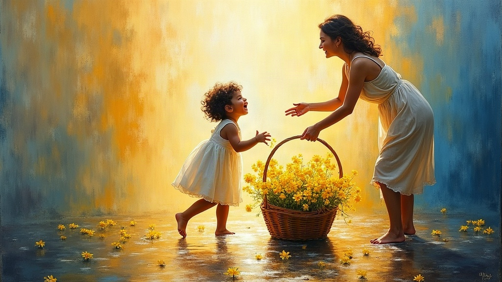 A little girl in a white frilly dress with yellow flowers, dipping a basket into radiant living light and dumping it out like water, throwing her head back in laughter, while an adult woman approaches with overwhelming love, about to recognize the child as herself.