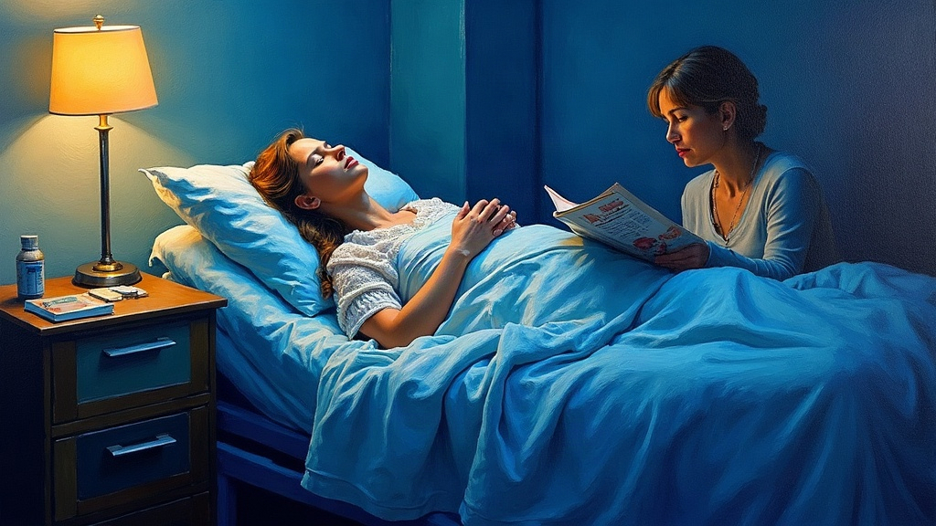 A woman lying in a hospital bed, her mother sitting at the foot of the bed reading a magazine, the woman's eyes closing as peace washes over her despite knowing her heart has stopped.