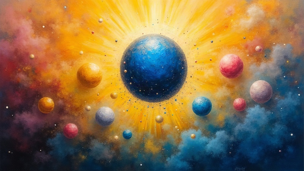 A radiant dark blue orb of consciousness surrounded by other colored orbs (yellow, white, pink, red, velvet) floating in an ethereal golden mist that hums and sparkles, all suspended in timeless joy and playful freedom.
