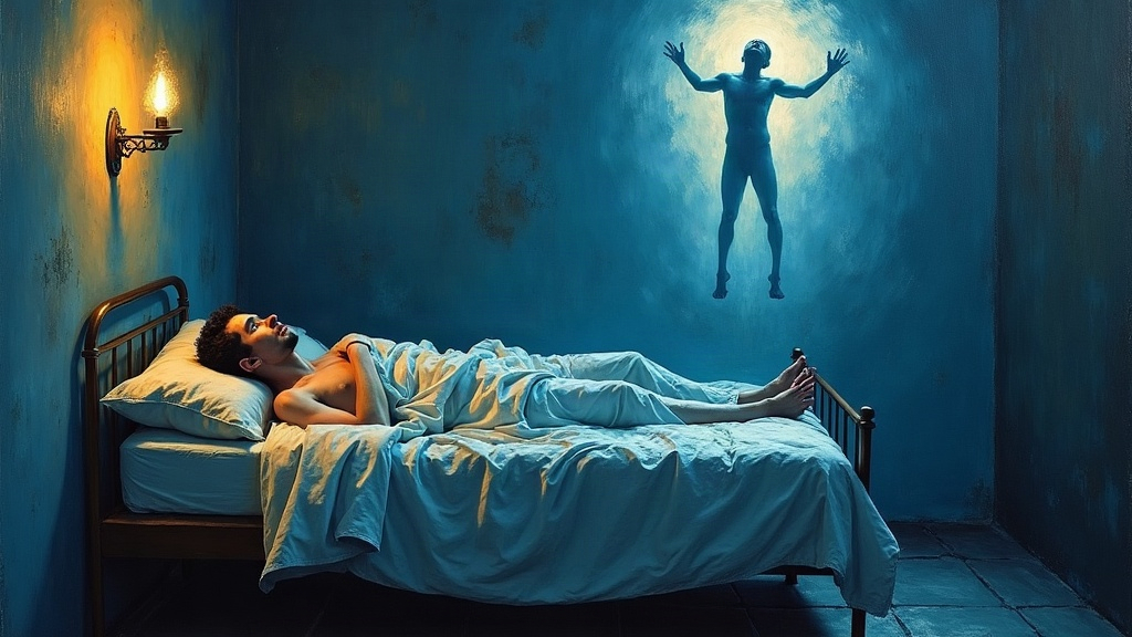 A young man lying on a narrow bed in a small monastery room, pale and still, while his translucent form floats near the ceiling with arms outstretched, looking down at his own body in confusion.