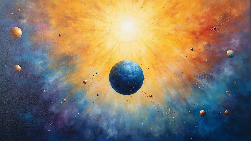 A dark blue sphere of consciousness floating in a white mist filled with golden sparkles, facing a radiant golden light that pours eternal love, surrounded by other colored spheres (yellow, red, purple, blue) moving harmoniously like a musical symphony in a timeless void.