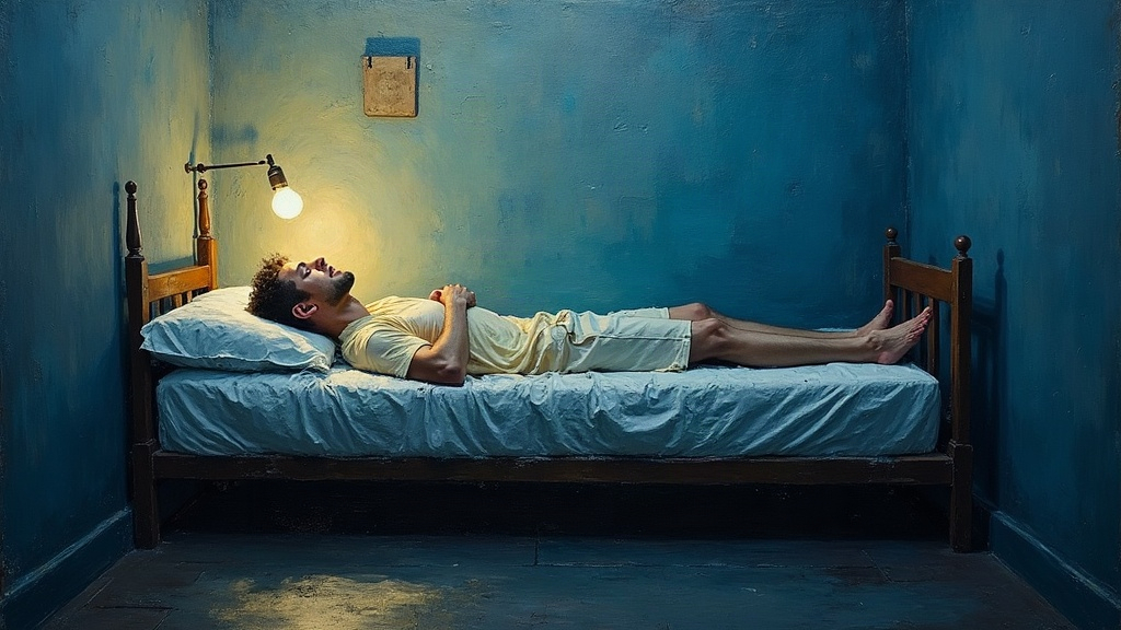 A man lying on a narrow bed in a small, simple room, wide awake, feeling his heart stop and beginning to pull himself out of his chest like climbing a rope, with a sensation of crawling upward toward the ceiling.