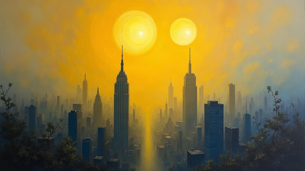 Two spheres of yellow light floating above a post-apocalyptic cityscape where Manhattan's skyscrapers stand abandoned and overgrown with vegetation bursting through concrete, a desolate but strangely peaceful future Earth viewed from above.