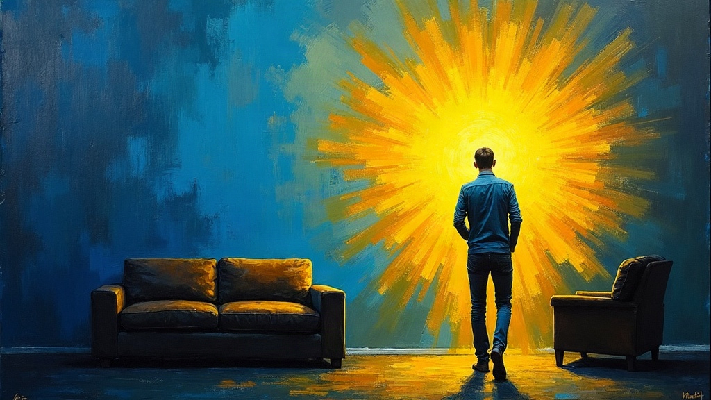A man in his living room, mid-stride between a couch and computer, suddenly transforming into a sphere of brilliant yellow energy, his physical body dissolving as consciousness shifts into pure light.