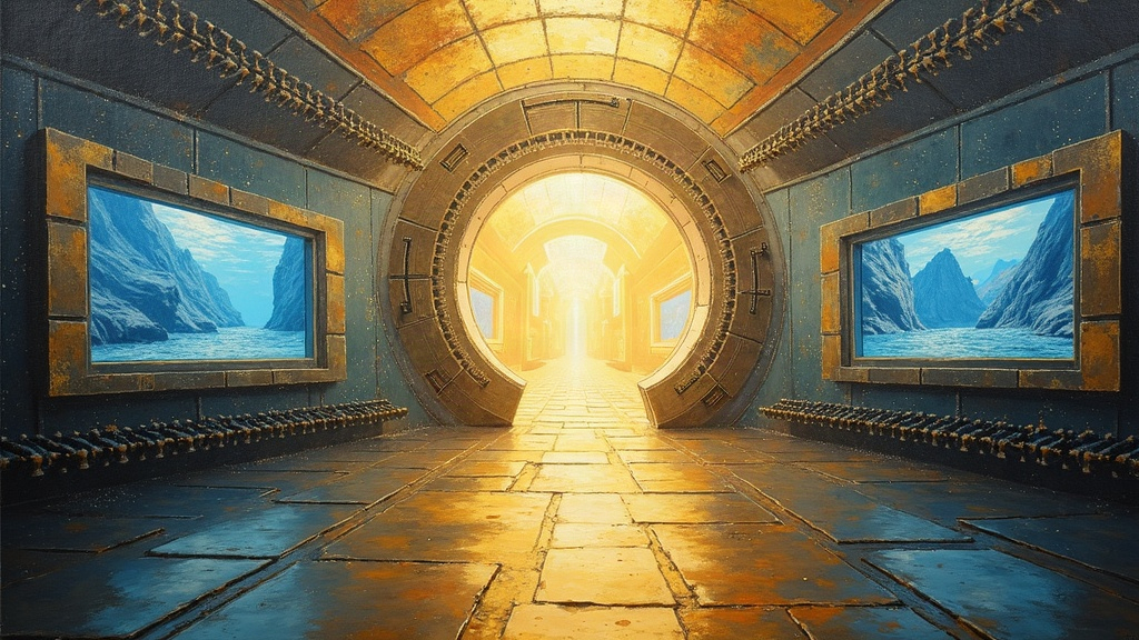A vast mechanical room arranged like a revolving door or Kodak carousel, each section containing holographic memories that are simultaneously still photographs and living 3D scenes, with a brilliant diffuse light above like sunlight seen from underwater, sparkly around the edges.