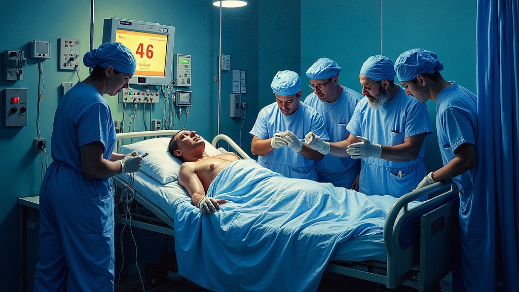 A hospital ICU bed surrounded by doctors and nurses frantically working, blood products being transfused, a monitor reading 46 over question mark, the patient's whole bed shaking violently from shock and cold.