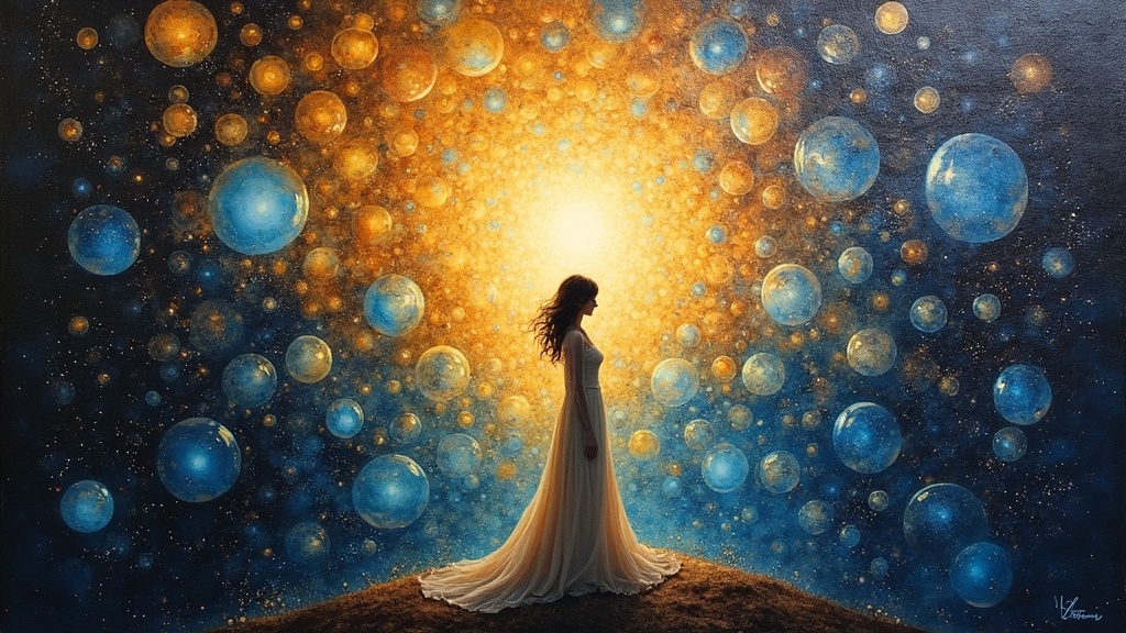 Millions of luminous bubbles floating in black space, each containing entire universes, a female entity of light showing them to a soul whose consciousness touches all of them simultaneously