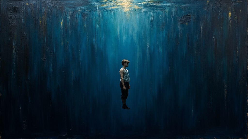 A 16-year-old suspended in infinite black void space, peaceful emptiness surrounding him, his consciousness expanding beyond his body