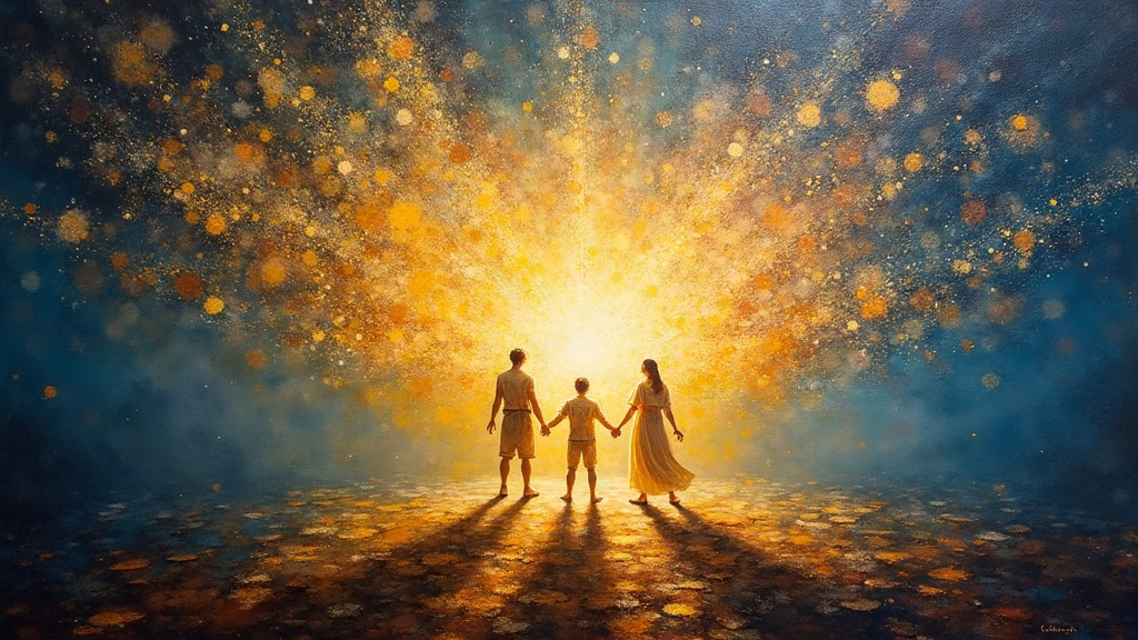Three luminous beings made of light breaking away from millions of coordinated fragments of moving light, approaching a soul in absolute peaceful darkness, communicating 'welcome home' in a spherical space filled with unconditional love.