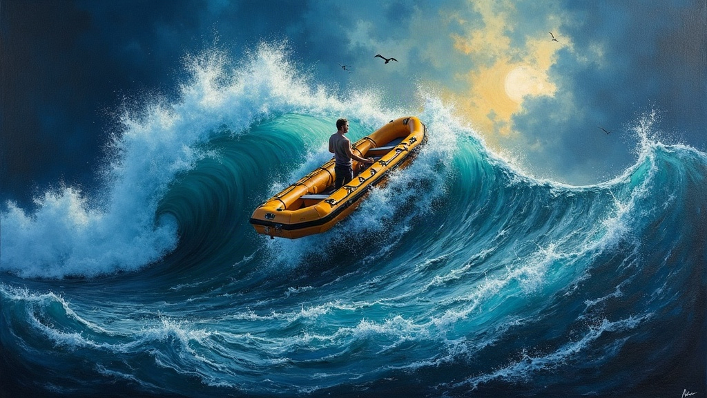 A man being catapulted from a rubber Zodiac boat folding in half like a peanut butter sandwich as a massive 30-foot wave crashes down in a dark stormy ocean at night, tumbling him violently underwater.