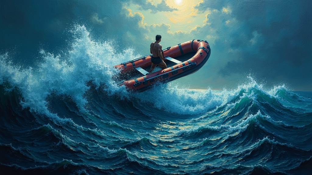 A man being catapulted from a rubber Zodiac boat into dark, turbulent ocean water during a violent storm with 30-foot breakers crashing down, absolute darkness, being tumbled like a ragdoll underwater with no sense of up or down.