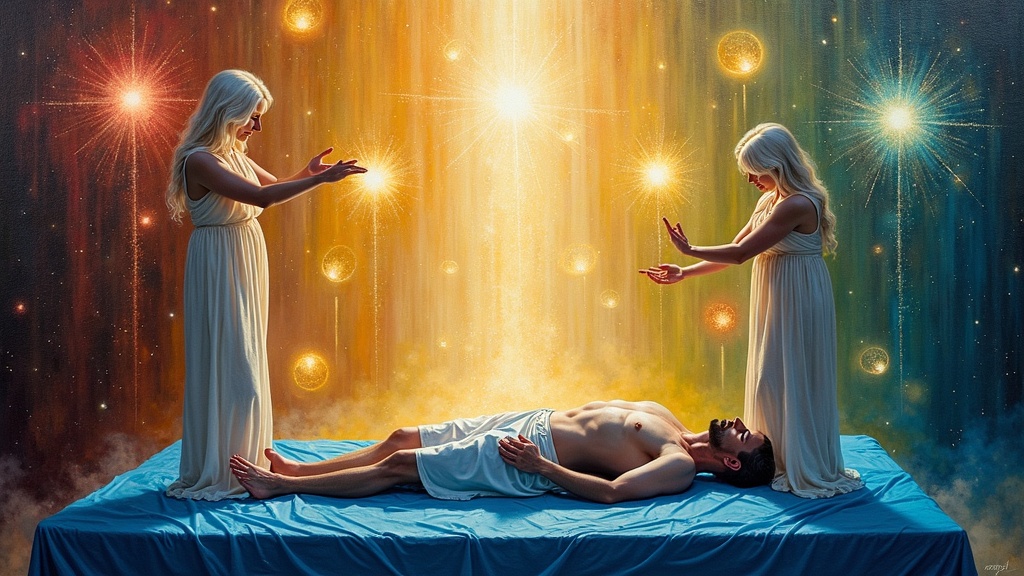 A man lying on a huge granite altar covered in blue satin, surrounded by pulsating orbs of colored light (reds, golds, ambers, greens), with three symmetrical grids of white healing light beaming down, an androgynous being with glowing skin and white blonde hair standing at his feet, and two women with hands hovering over his body channeling unconditional love, all set against a backdrop of a waterfall of billions of sparkling stars falling through galaxies.