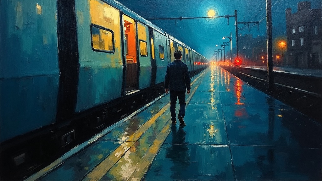 A man being dragged along a train platform in Cambridge, his coat trapped in automatic doors, the train pulling him between the platform edge and the speeding train, then under the wheels in a dark, violent, terrifying moment.