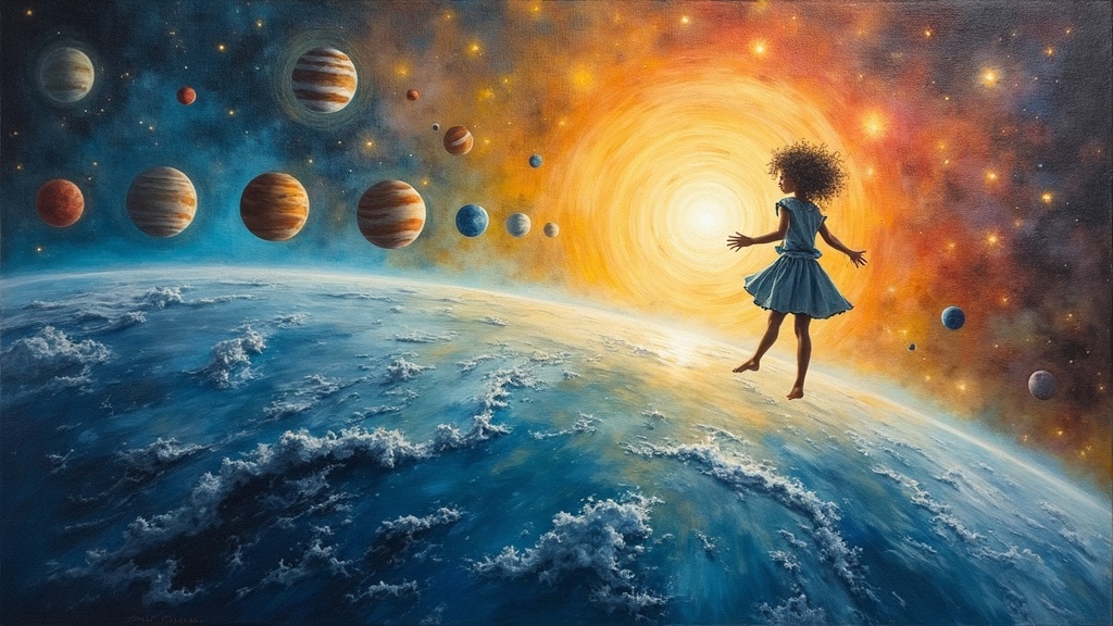 A young man and a curly-haired spirit guide floating in space above Earth, the planet glowing with a blue aura that shifts to reds, greens, and whites, with all the planets of the solar system visible in a line, each with their own luminous aura, sounding like bells.