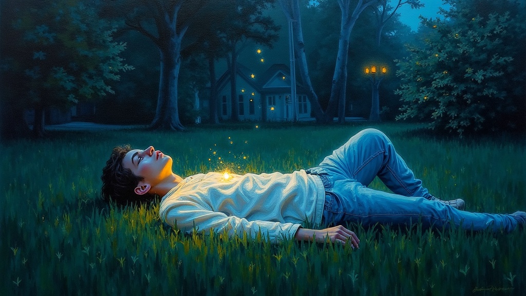 A 19-year-old lying on grass in a front yard at dusk, friends standing around, his translucent spirit form beginning to rise from his body, glowing auras visible around trees and bushes with small vanishing beings.