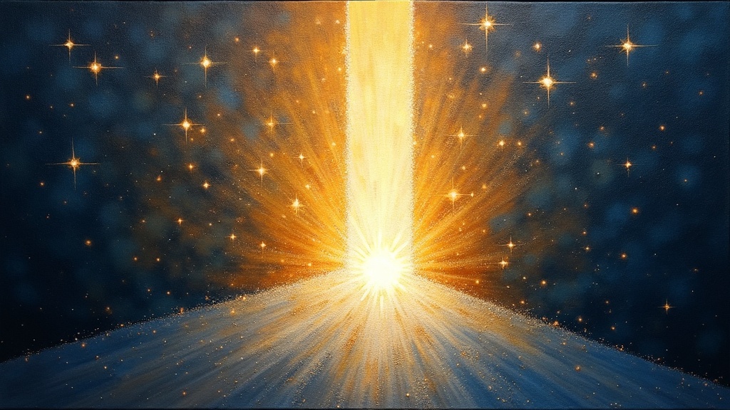 Sparkling diamond-like lights forming an oblong shape in the corner of a darkened room, glittering white sparkles like silver fireworks, two distinct voices emanating from the luminous portal