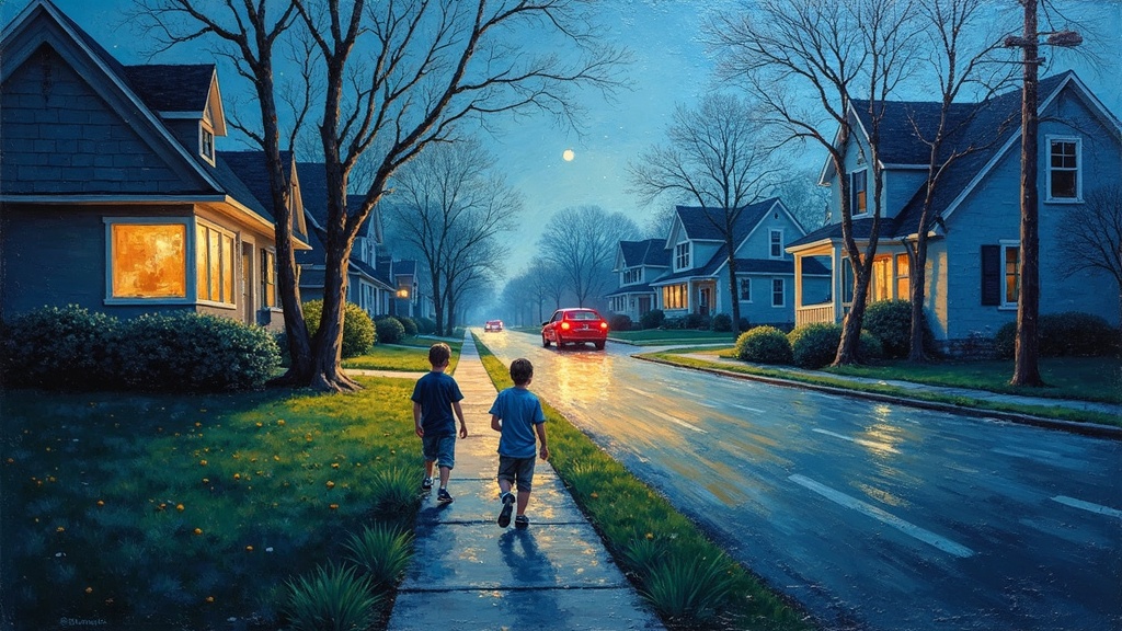 Two young boys playing in a suburban front yard, a car careening off the road toward them, neighbors running and screaming, a nurse frozen in shock watching the horrific scene unfold