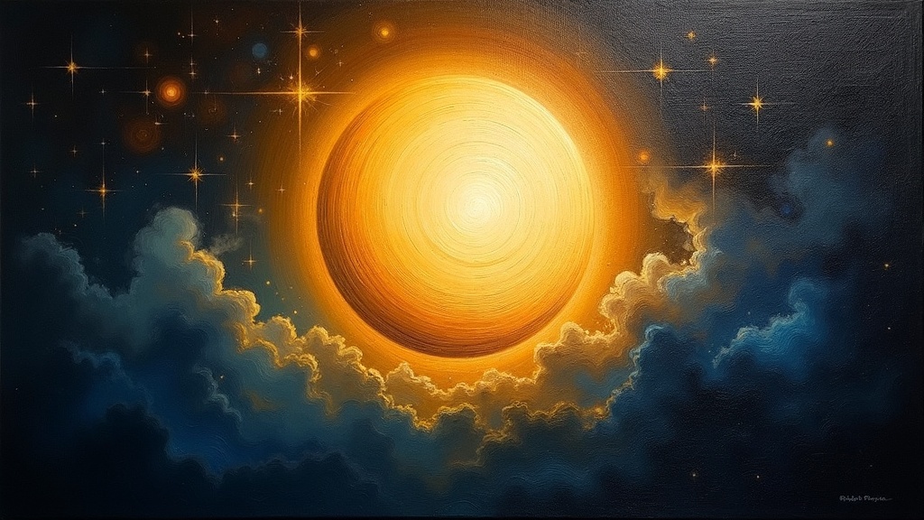A glowing orb of golden light suspended in the black velvet void of space, with a star-forming region of brilliant cosmic clouds ahead and the emergency room scene visible far below to the left