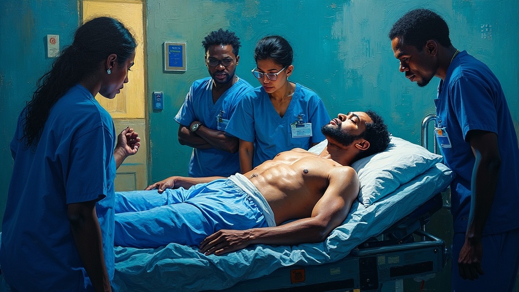 A Black man lying on a hospital gurney in an emergency room, medical staff surrounding him as defibrillator pads are pressed to his chest, a woman in the corner holding her face in grief