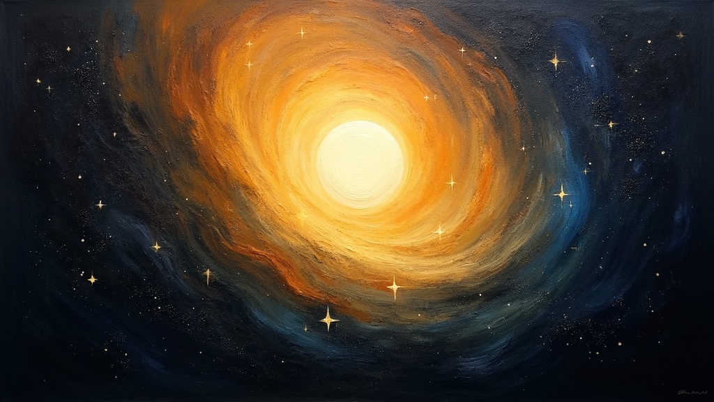 Glowing orb of light suspended in space between a luminous light above and emergency room below, surrounded by star-forming regions and enveloped in loving black velvet void