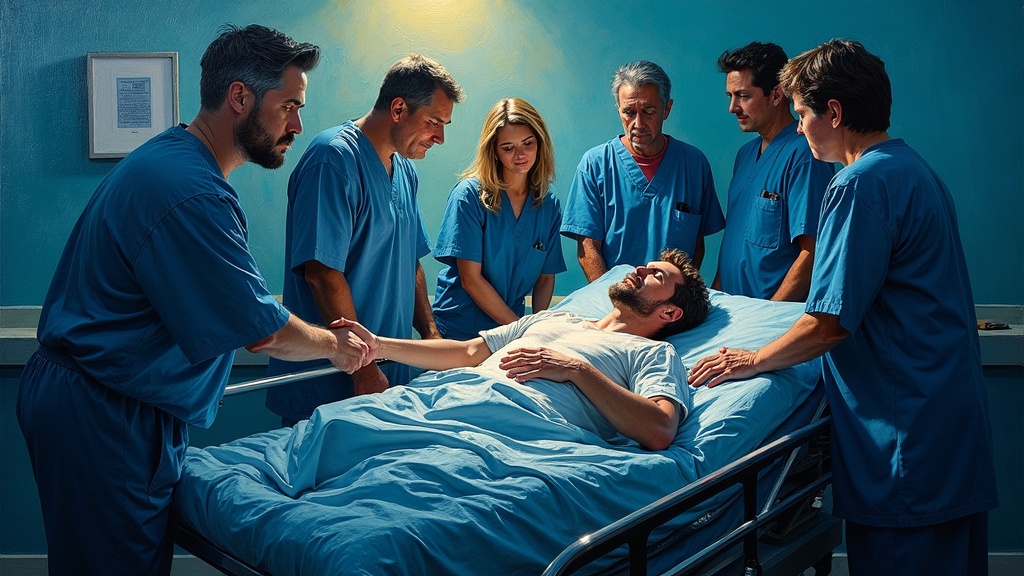 Man lying on emergency room gurney, medical staff surrounding him as defibrillator pads are placed on his chest, a woman in the corner holding her face in sadness