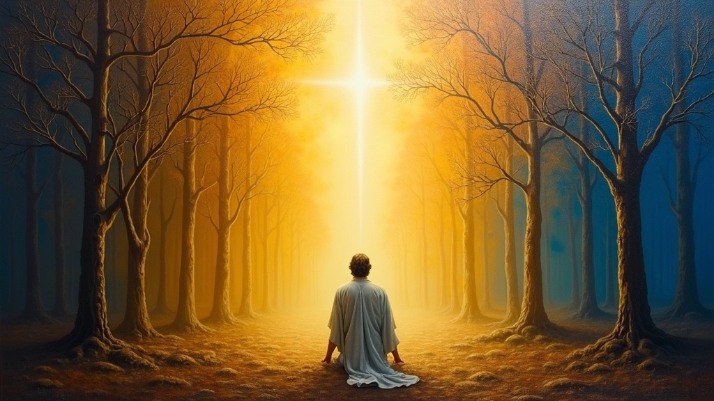 A man kneeling at the feet of a radiant figure of Jesus who stands facing a multitude of millions, brilliant light emanating from Jesus and wrapping around the kneeling man, a forest of welcoming trees behind them