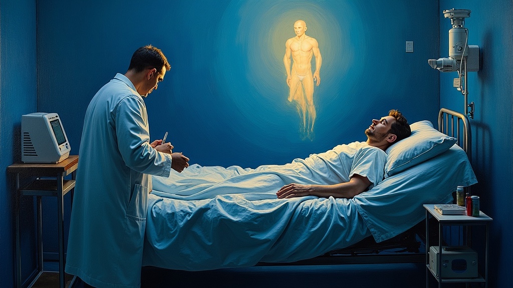 A man's body lying on a hospital bed, medical equipment being put away, a doctor signing papers, while above the body hovers a translucent form of the same man looking down