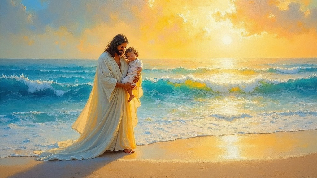 Jesus in radiant white light cradling a woman like an infant on a beach made of soft crystal sand, with water frozen mid-motion and light emanating from everywhere with no shadows