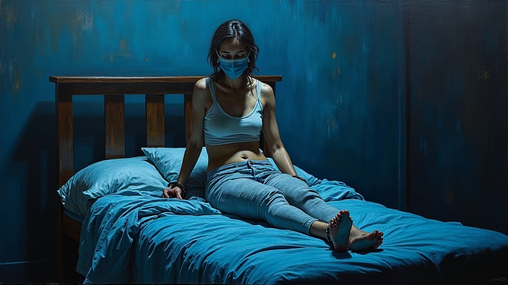 A woman handcuffed to a bed wearing a mask in a dark room, her body still and broken after 14 days of torture and captivity