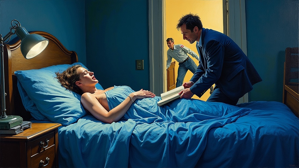 A woman slumped over a book in bed, her husband performing CPR as rescue workers rush into the bedroom with equipment, the scene urgent and chaotic.