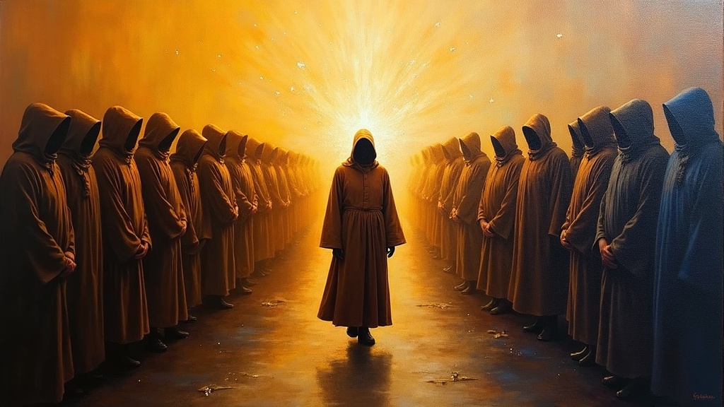 Two rows of monk-like figures in brown robes with hoods up, radiating love and light, with one figure stepping forward from the group, its hood revealing not a face but darkness filled with moving energy and tiny sparkles of color and light.