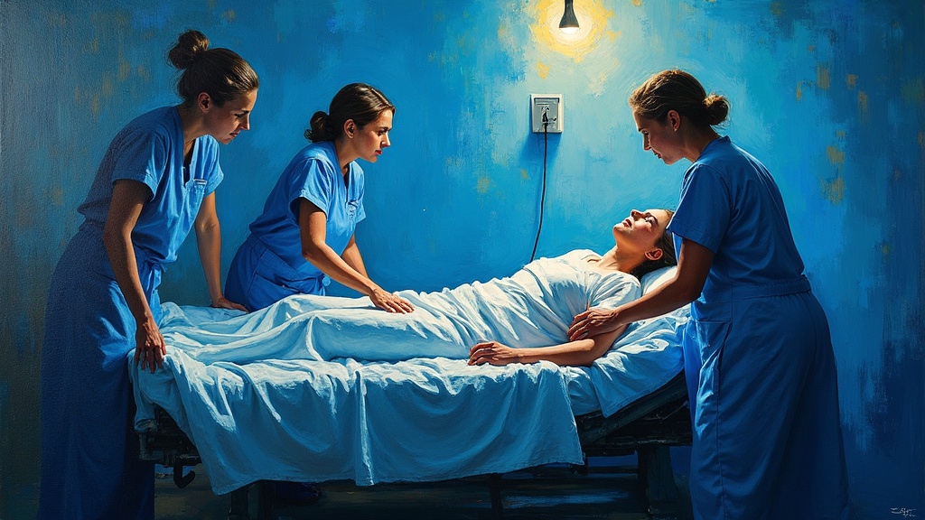 A woman's body lying on a hospital bed in recovery with nurses working frantically around her while her consciousness floats in the corner of the room looking down, observing but feeling no connection to the physical form below.