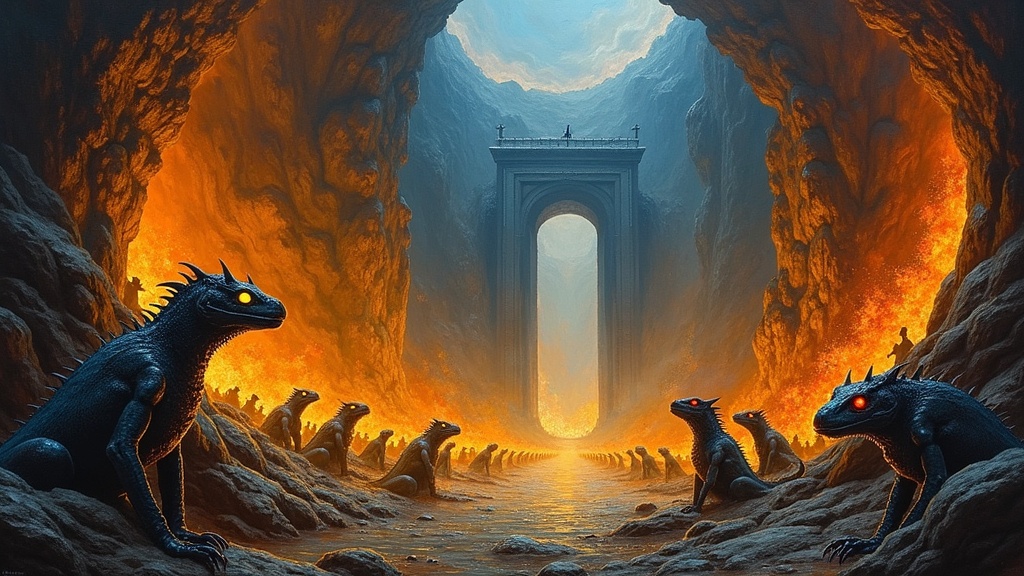 A vast underground cavern with hundreds of thousands of deep pits filled with suffering souls. Grotesque reptilian demons with glowing yellow and red eyes, some 13 feet tall, guard the pits. Flames shoot up from vents in the rocks, illuminating the scene in flickering orange light. In the distance, towering 50-story cells with iron bars stretch into darkness. A long chain of skeletal figures marches toward massive ancient gates on the horizon.