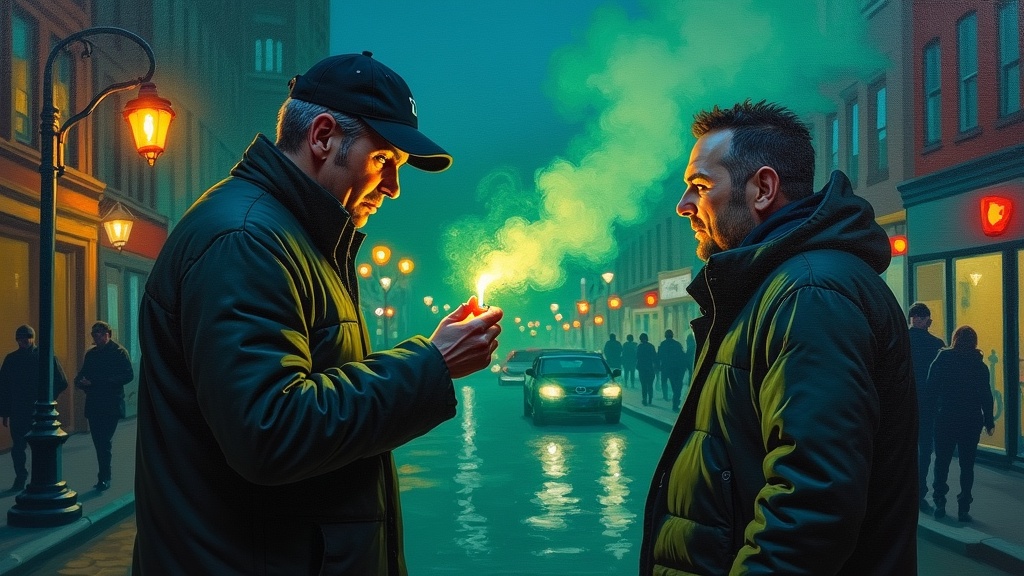 A man on a Chicago street corner at dusk, reaching into his pocket as a stranger asks for a lighter. A bright green flash illuminates the scene, and sulfur smoke rises. The stranger's face shows an evil smirk.