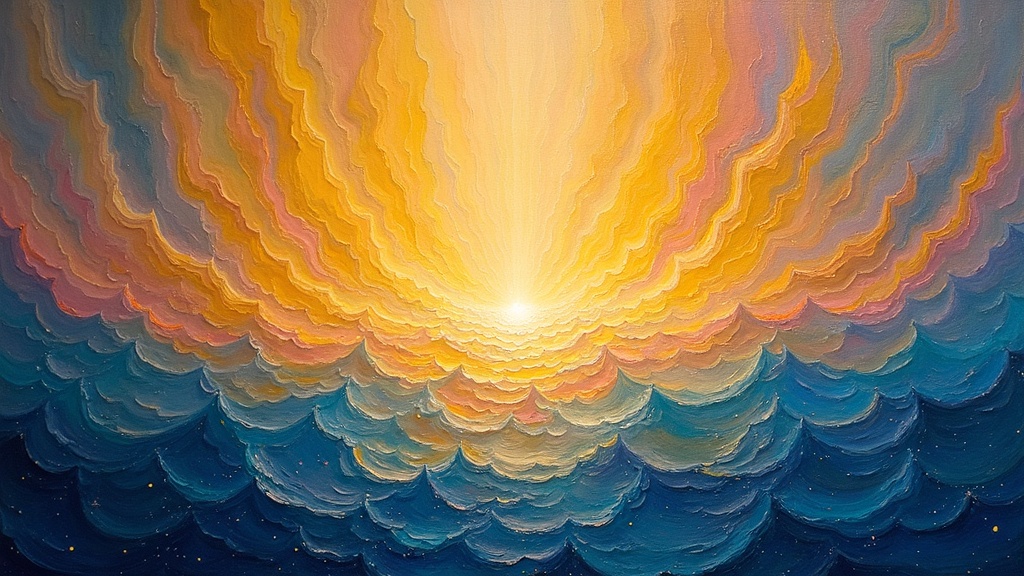 A luminous being resembling the Aurora Borealis with wavy, electric colors hovering in an infinite space, while trillions of cells vibrate like happy faces, giggling in anticipation