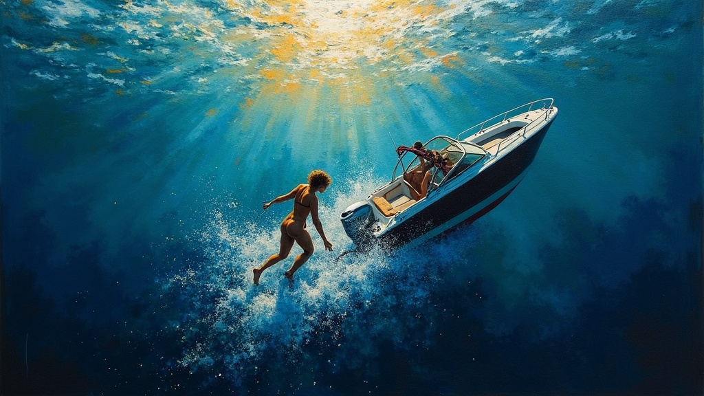 A woman being dragged underwater behind a speedboat, tow rope wrapped around her leg, air bubbles streaming from her mouth, sunlight filtering through the churning water above