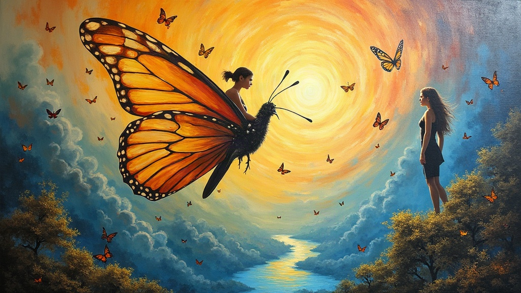 Riding on a butterfly wing among millions of butterflies spiraling in vast formations above a lush meadow with waterfalls, crystal pools, dancing beings, children playing, and dogs jumping, while swooping oval angelic choirs emanate thundering hymns from above, and a beautiful woman with sparkling blue eyes and high cheekbones stands nearby conveying wordless messages of infinite love.