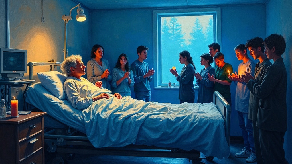 A hospital ICU room where a neurosurgeon lies in a coma, his brain ravaged by bacterial meningitis, with family members gathered around his bed, some with heads bowed in prayer, holding candles.