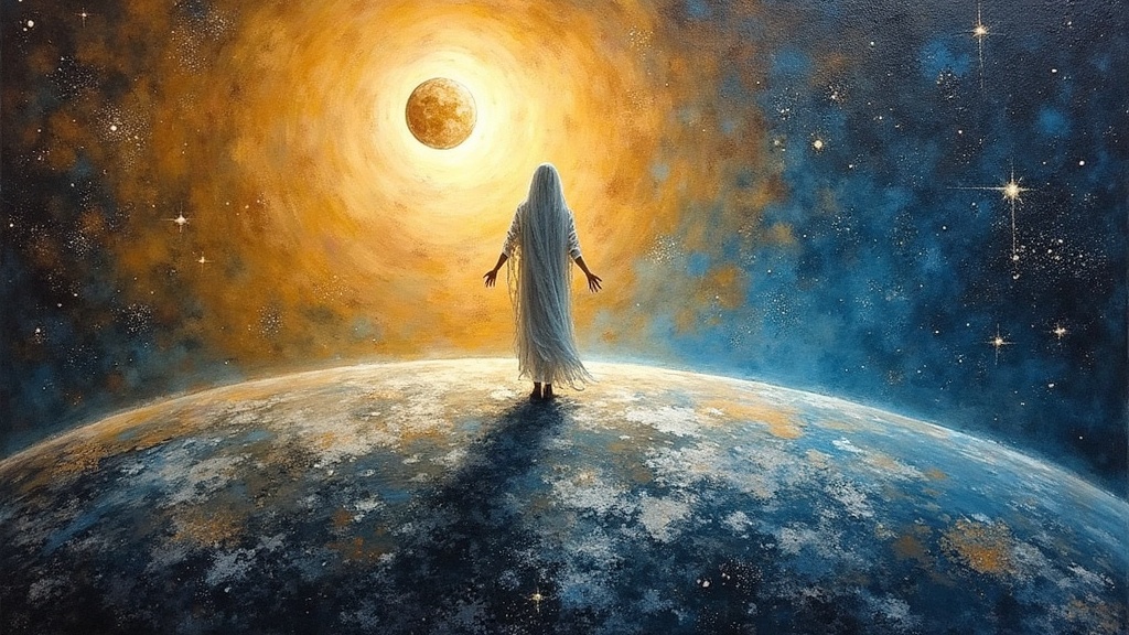 A spirit form standing on the moon looking down at Earth from outer space, with a silvery glittery fishnet of light surrounding the planet like a shimmering web, connecting everything on the surface to a vast cosmic grid extending into infinity.