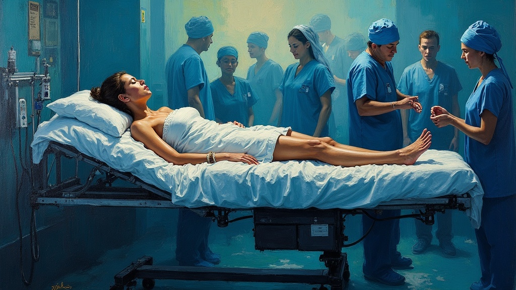 A woman lying on a tilted hospital examination table, her head toward the floor, her feet toward the ceiling, surrounded by hospital staff in a crowded ER room, with a nurse struggling to place an IV as another calls out blood pressure readings.