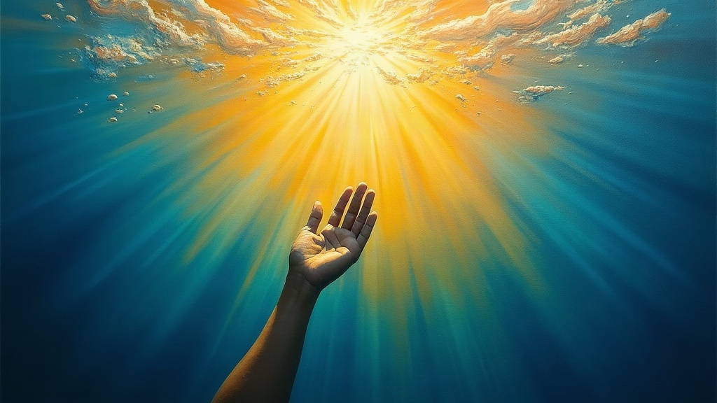 A brilliant, all-encompassing light surrounding a figure underwater, with 360-degree awareness radiating outward, bubbles moving slowly around an outstretched hand in an otherworldly, timeless moment.