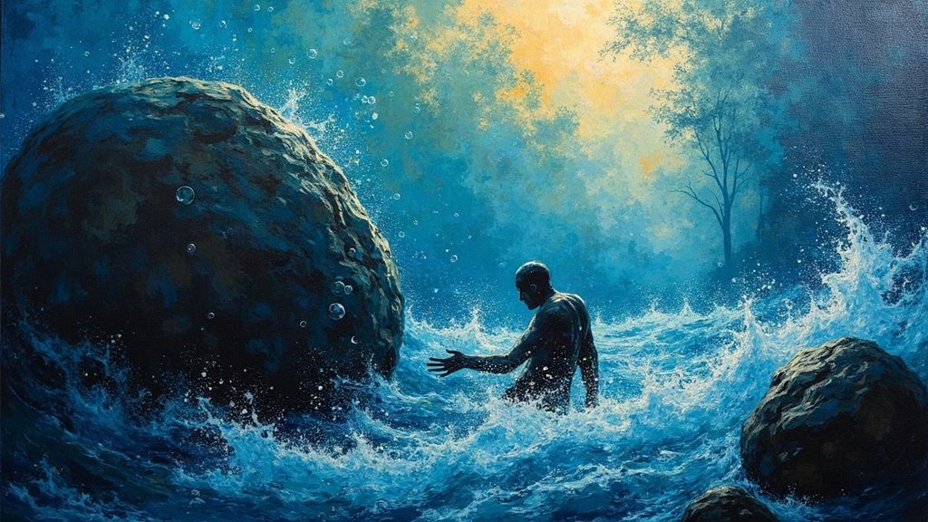 A man trapped underwater at the bottom of a turbulent river, caught against a large boulder in a hydraulic current, bubbles frozen in mid-rise around him as everything stops moving.