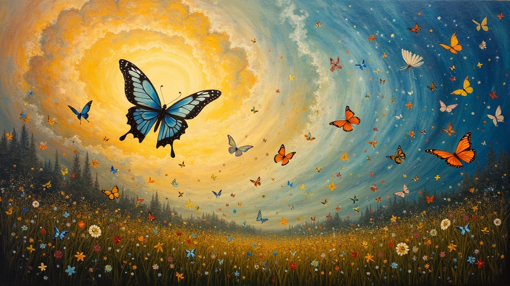 A speck of awareness riding on a butterfly wing among millions of butterflies spiraling in vast formations above a verdant meadow, with a beautiful woman with sparkling blue eyes beside him, angelic choirs of whooping orbs above, and thousands of beings dancing below in colorful simple garb.